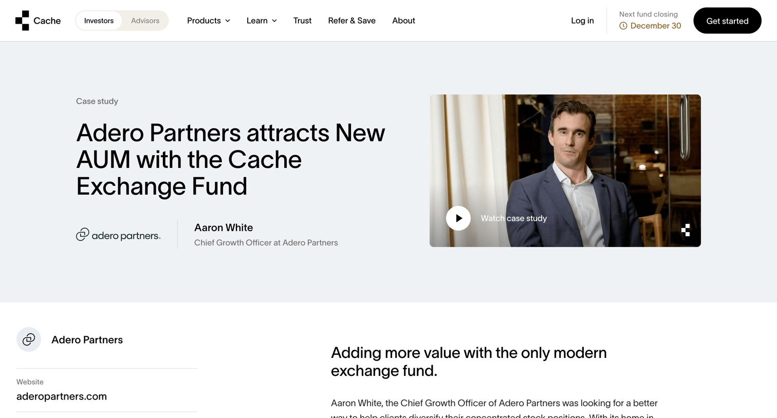 Cache - Case Study Adero Partners  Cache screen