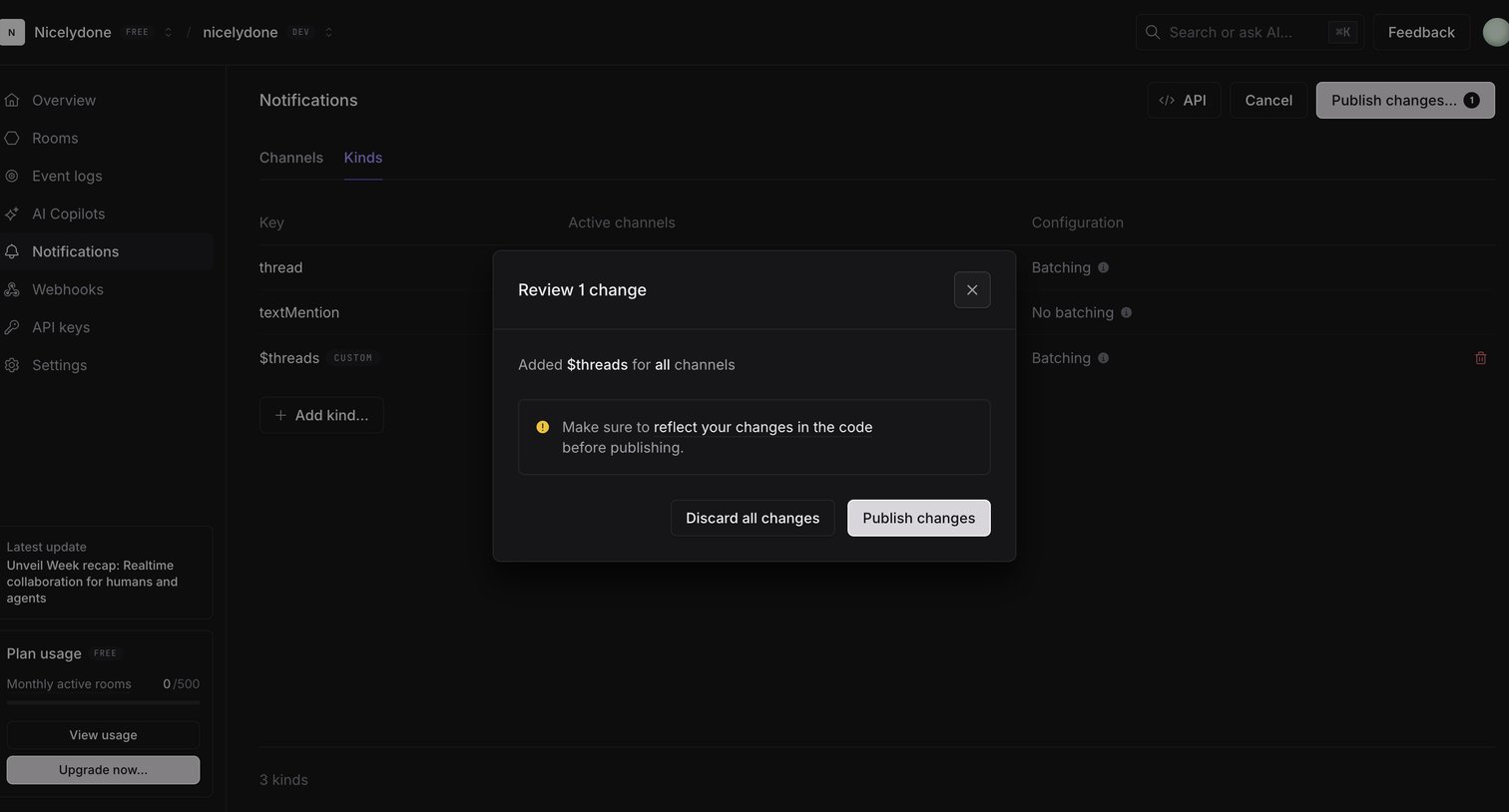 Liveblocks - nicelydone (Development) | Notification Kinds screen