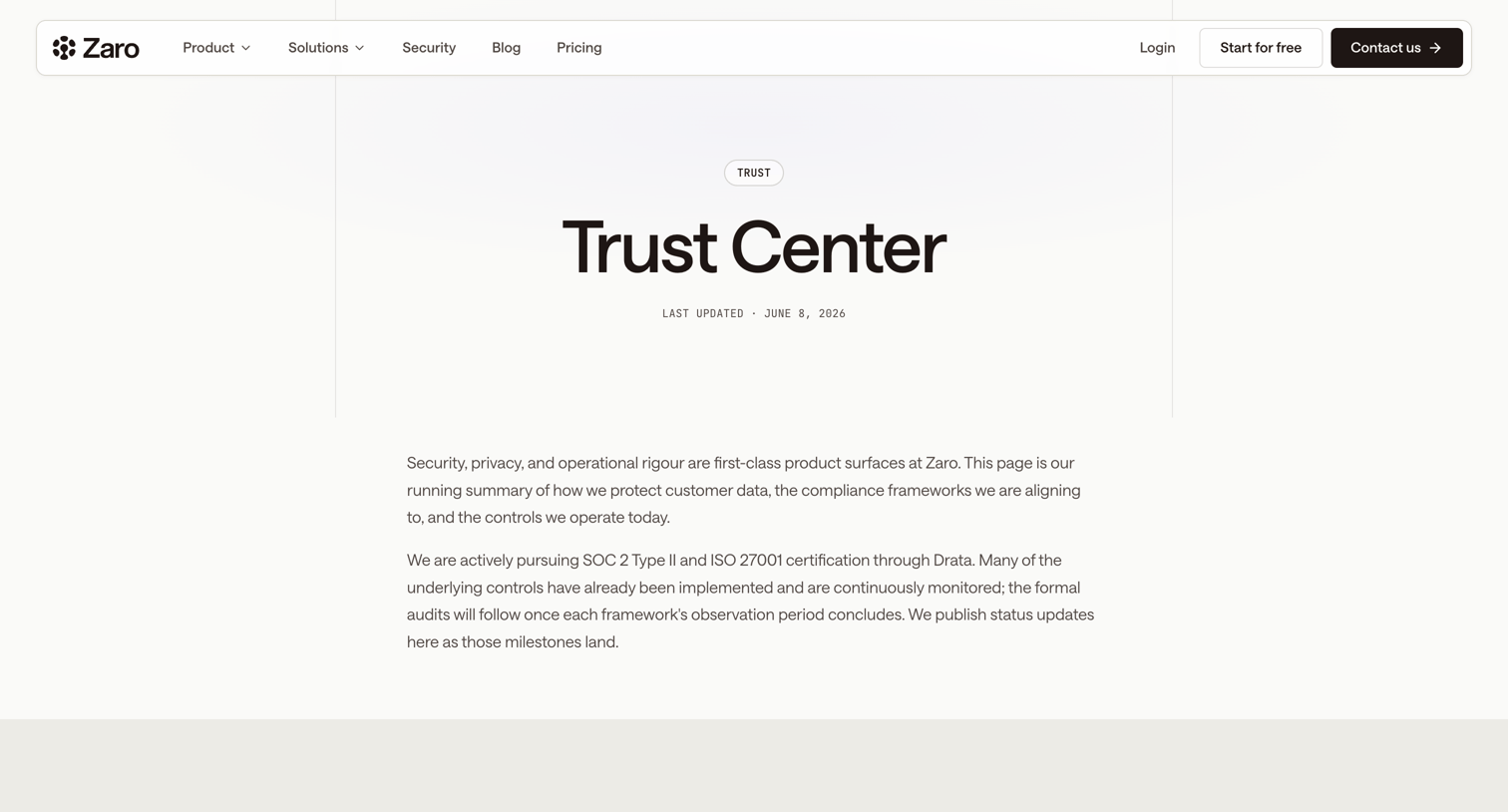 Zaro - Trust Center - Zaro screen