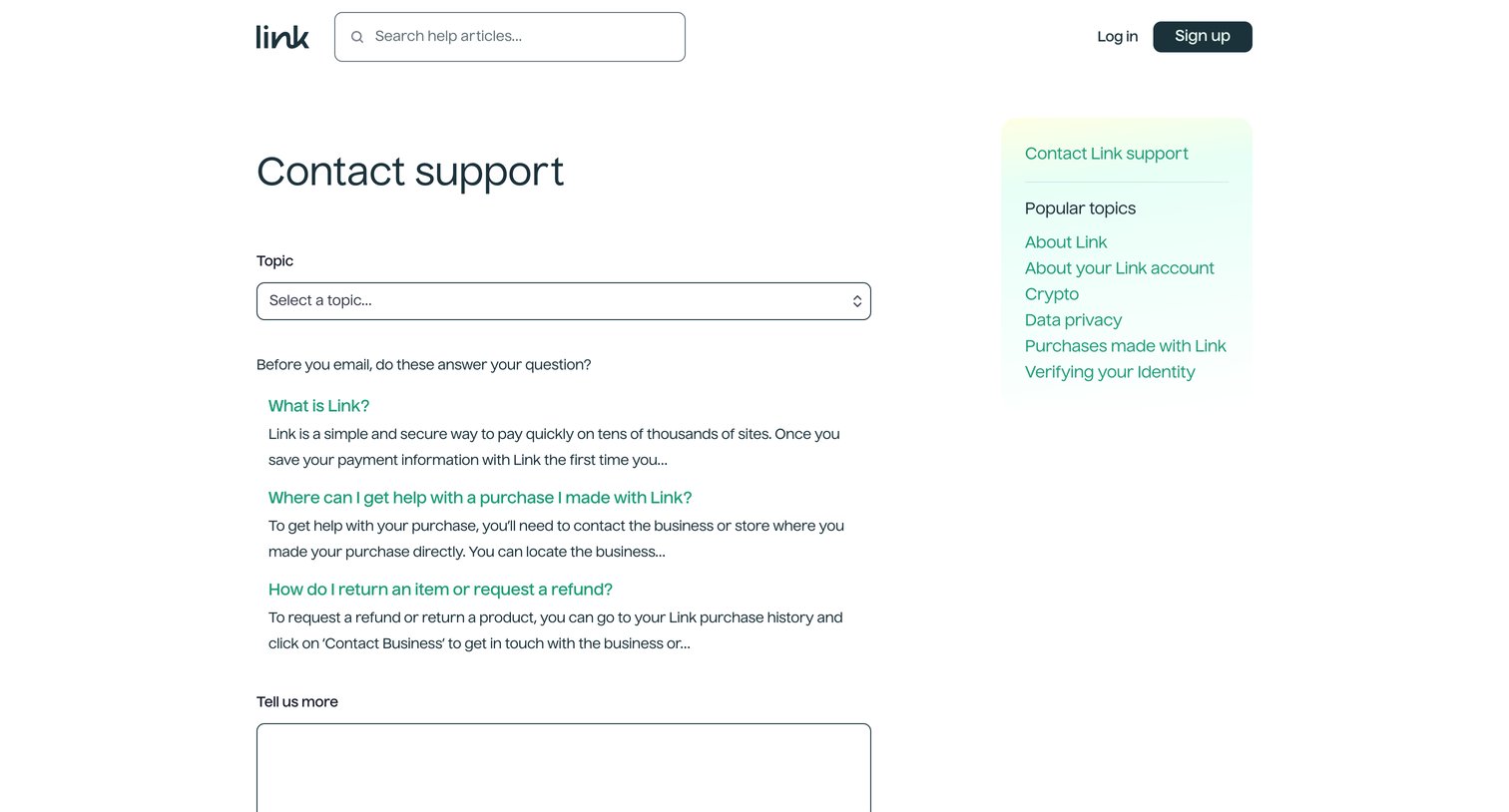 Link - Link Help | Support screen