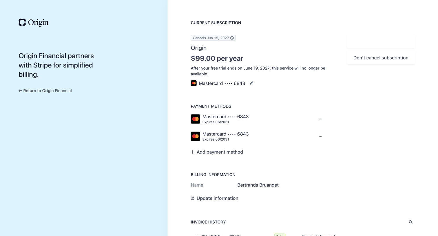 Origin Financial - Origin Financial Billing screen