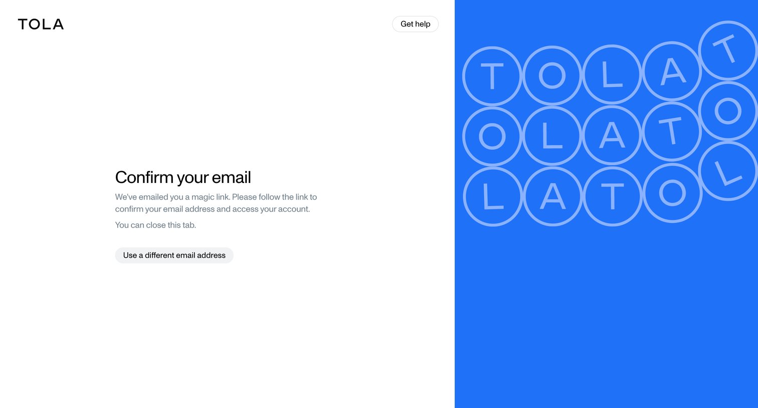 Tola - Confirm your email • Tola screen