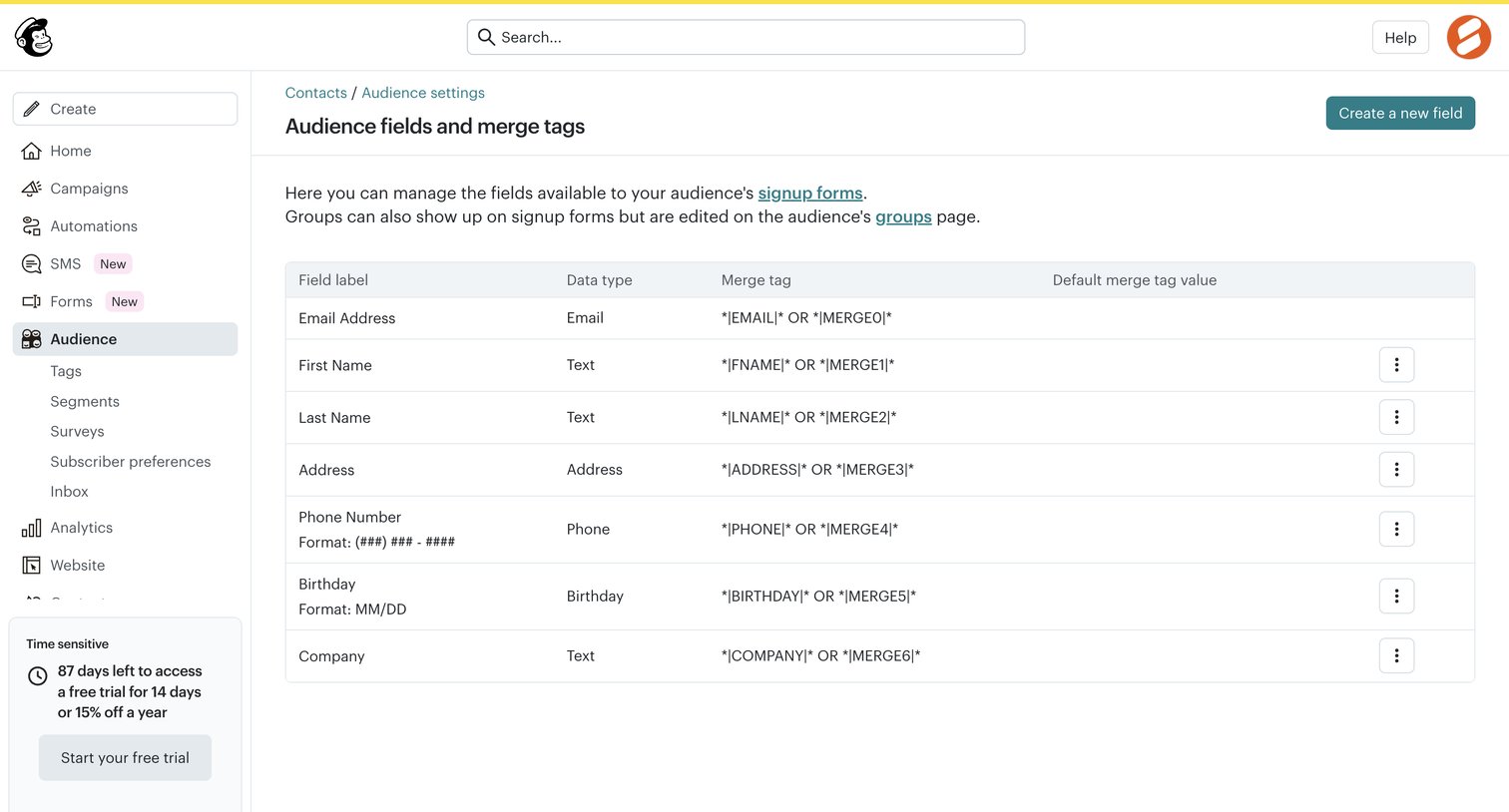 Mailchimp - Audience fields and merge tags | Mailchimp screen