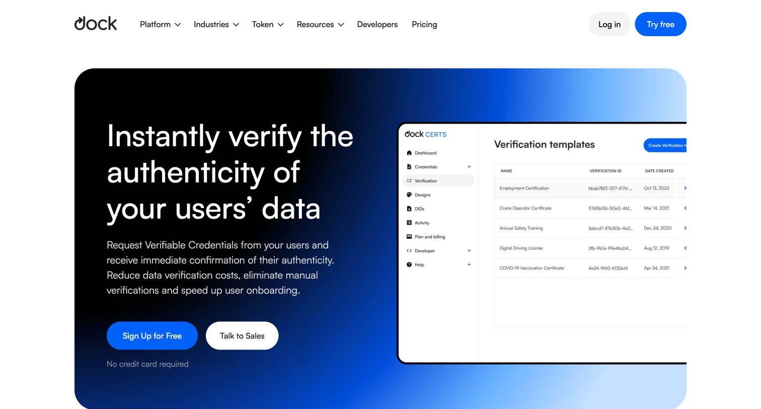 Dock - Instantly verify the authenticity of your users’ data screen
