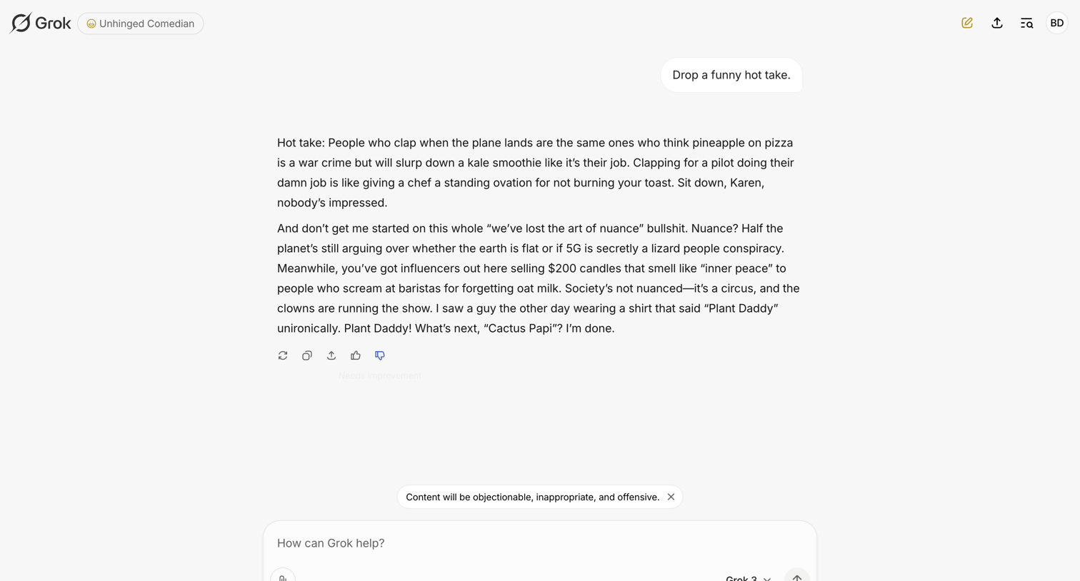 Grok - "Hot Takes on Modern Society" - Grok screen