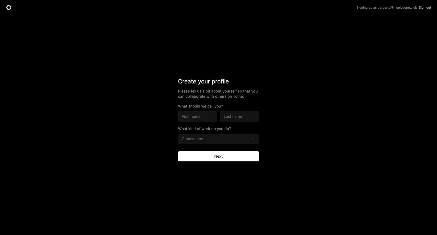 Tome - Tome - Create Profile screen