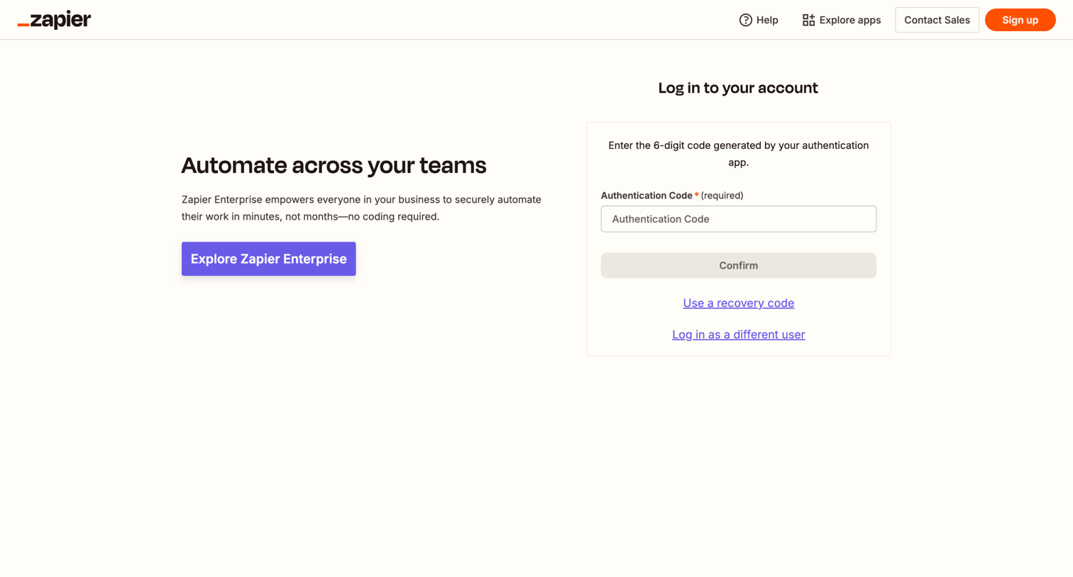 Zapier - Two-Factor Authentication | Zapier screen