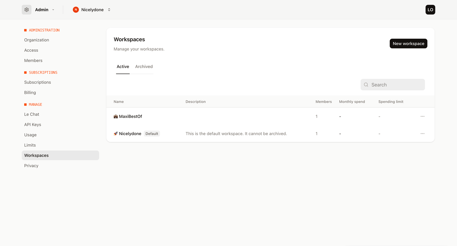 Mistral - Workspaces - Admin - Mistral AI screen