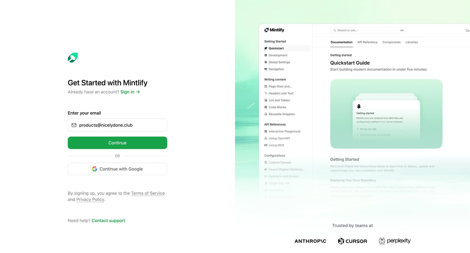 Mintlify - Sign up - Mintlify screen