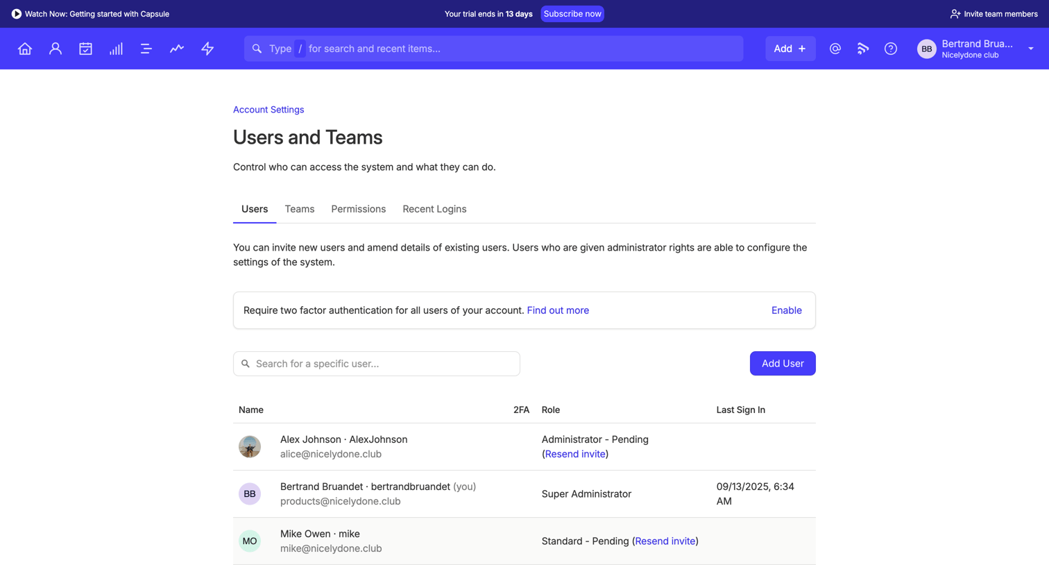 Capsule - Users | Nicelydone club CRM screen