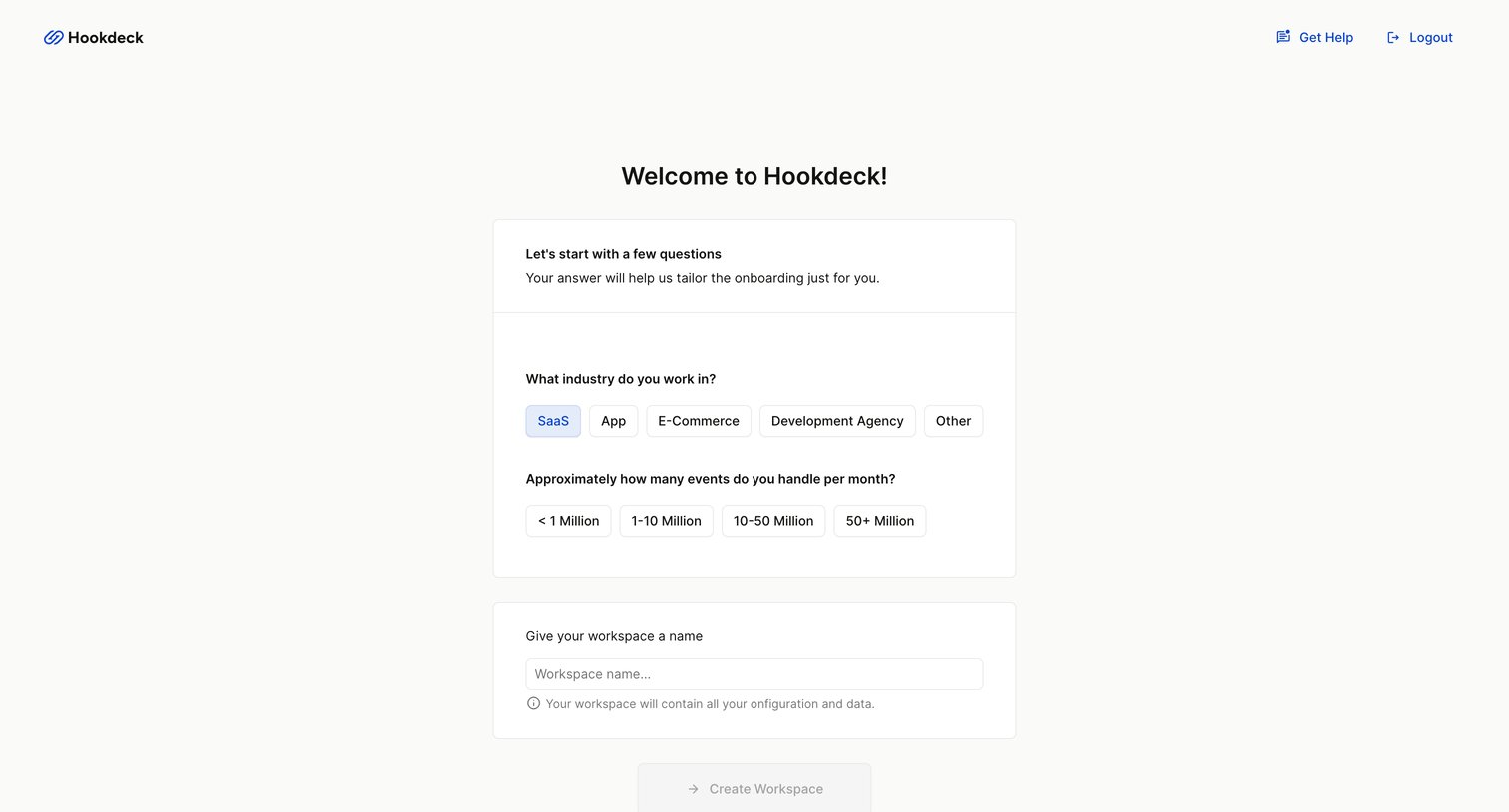 Hookdeck - Onboarding - Workspace - Hookdeck screen