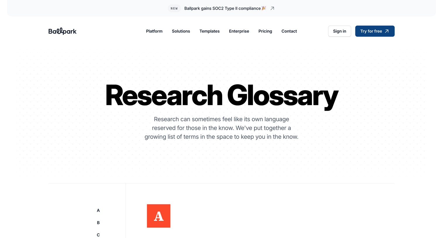 Ballpark - Research Glossary — Ballpark screen
