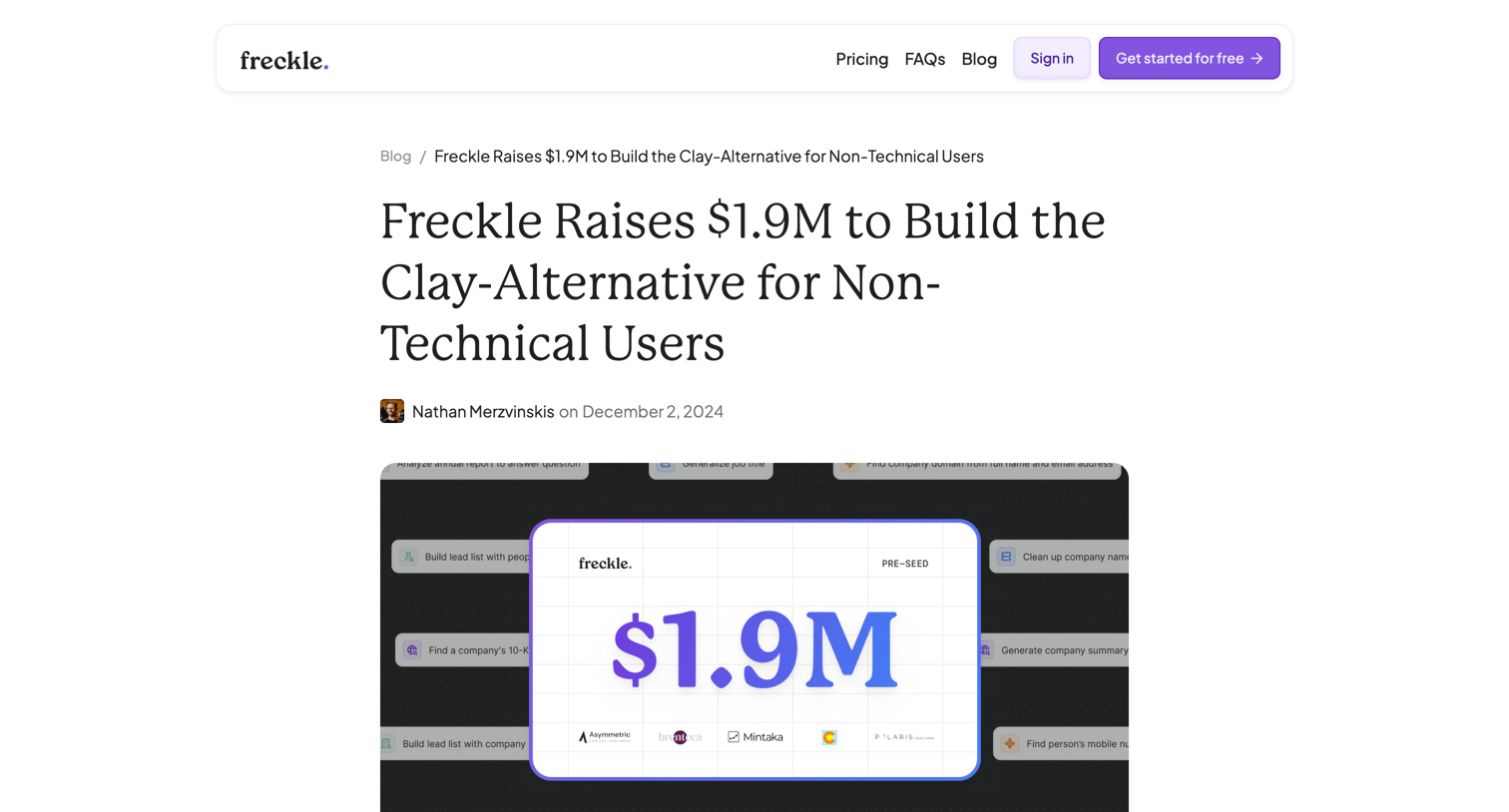 Freckle - Freckle Raises $1.9M to Build the Clay-Alternative for Non-Technical Users screen