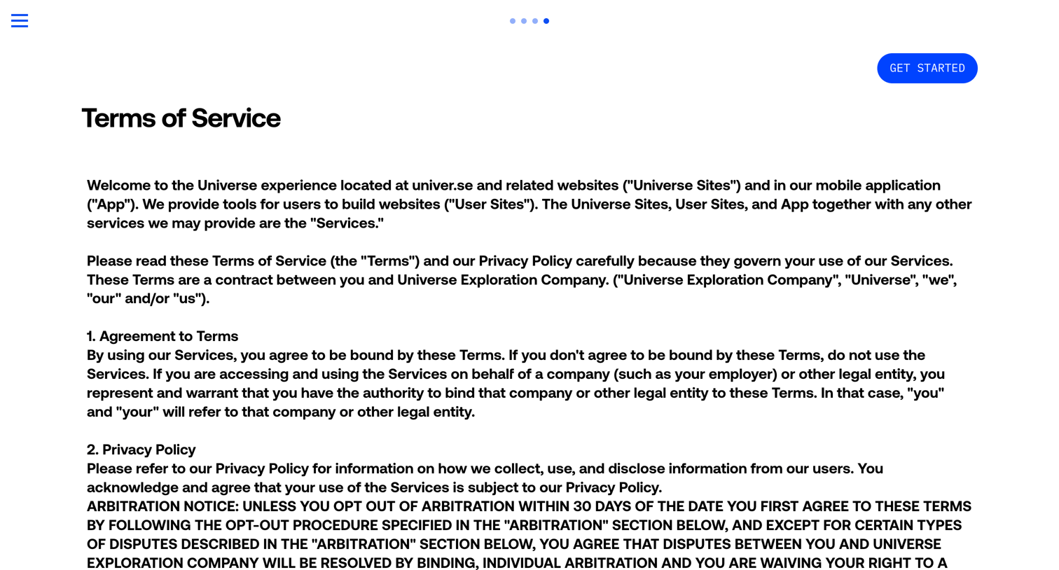 Universe - Terms of Service - Universe Website Builder Design Custom Sites with No Code screen