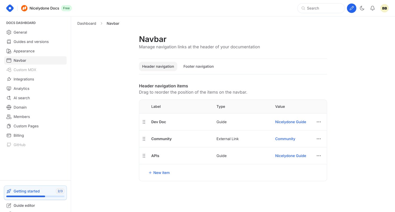 Hashnode - Docs Dashboard - Navbar screen