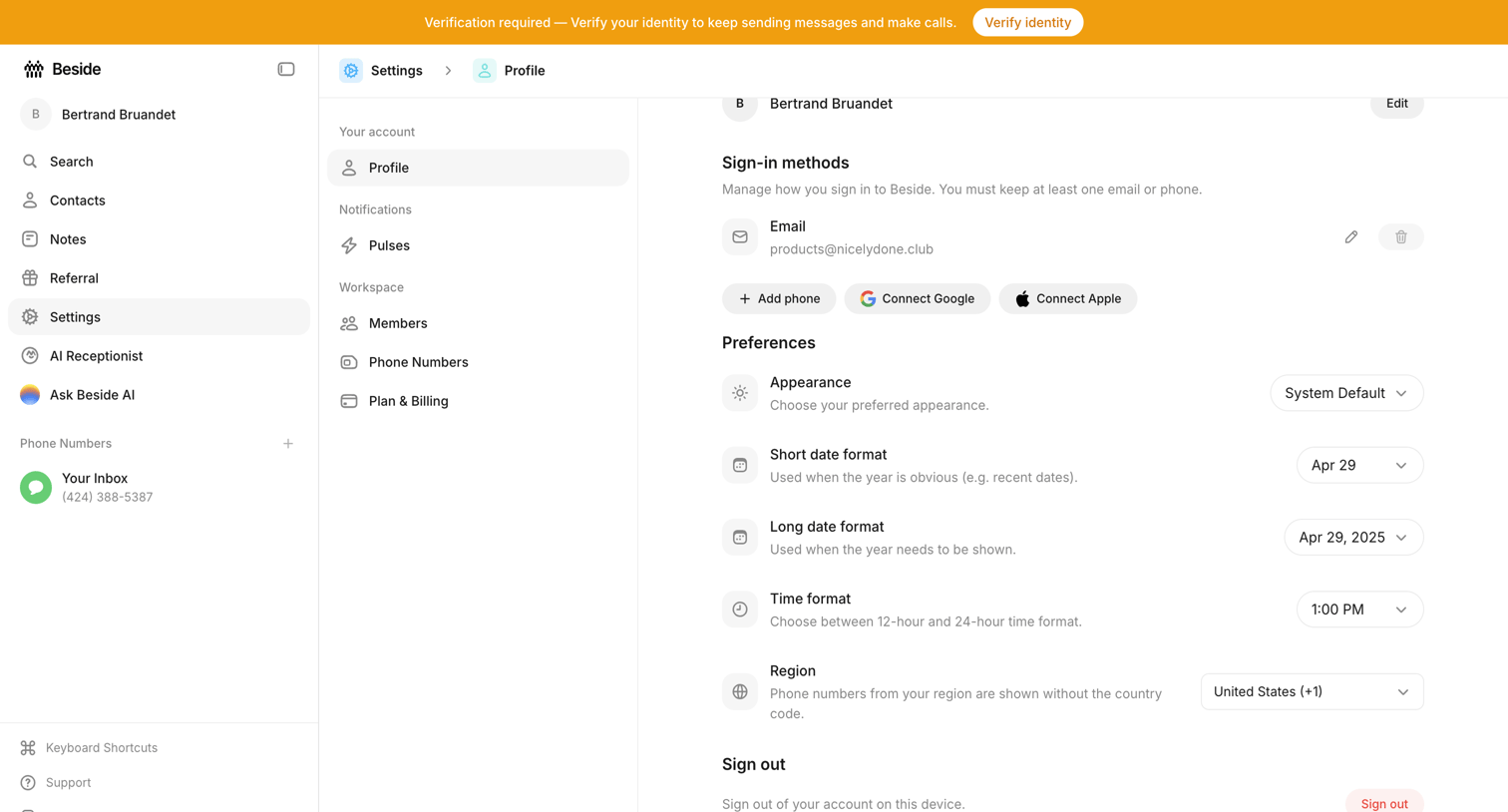 Beside - Profile - Settings - Beside screen