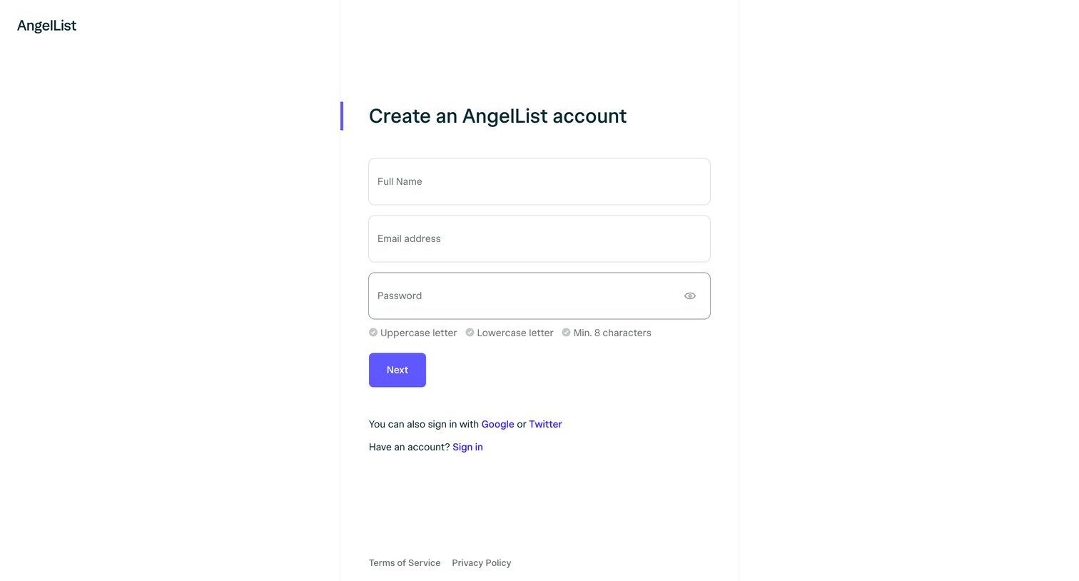 Angellist - Sign Up | AngelList screen