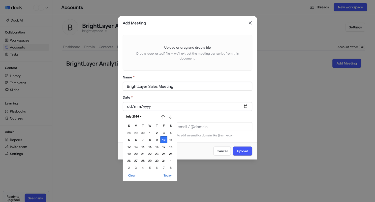 Dock - BrightLayer Analytics · Dock screen