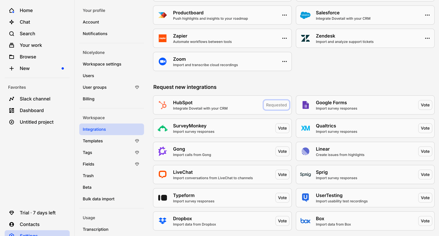 Dovetail - Integrations – Dovetail screen