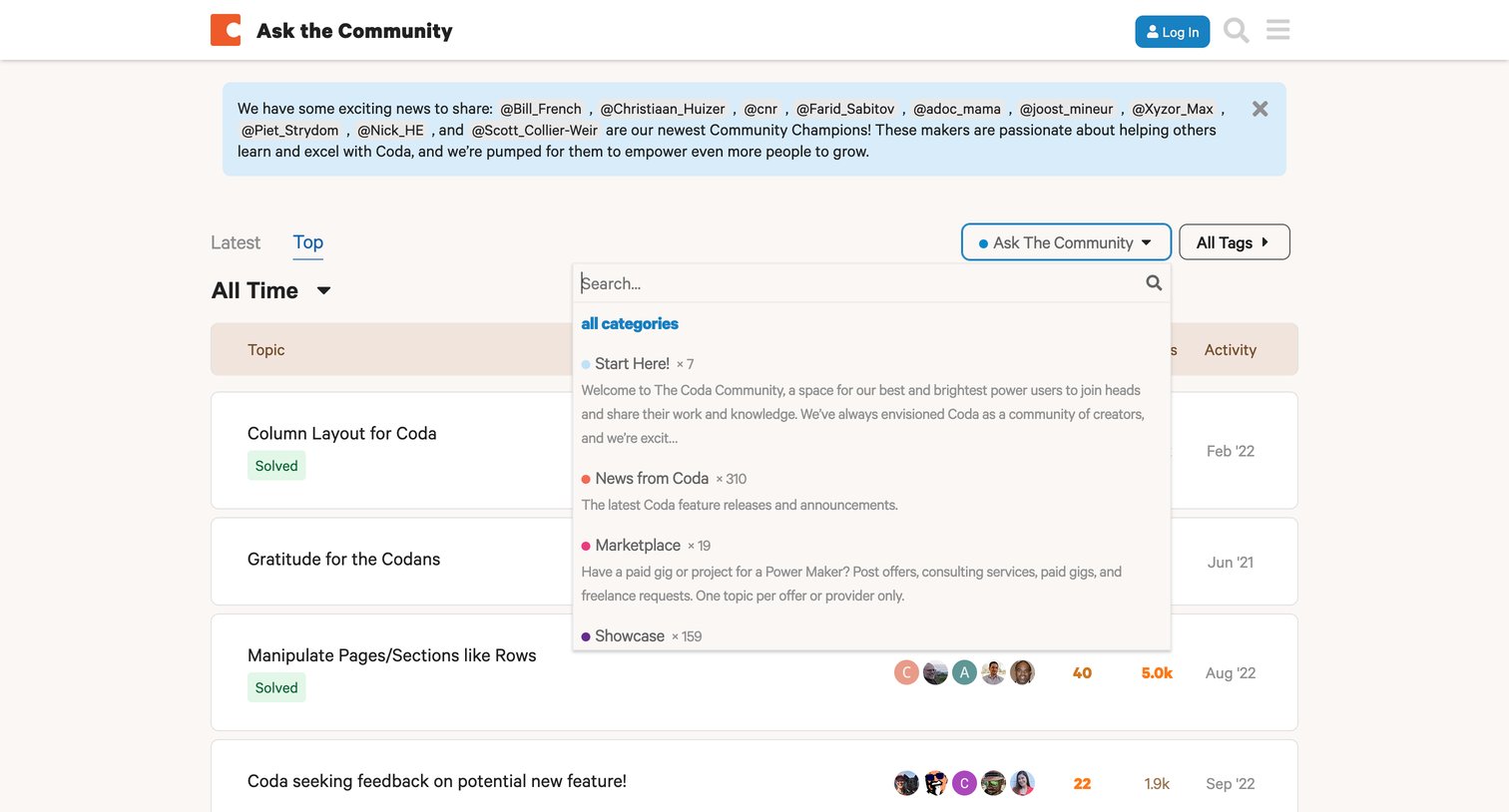 Top Ask the Community topics - Coda Maker Community from Coda