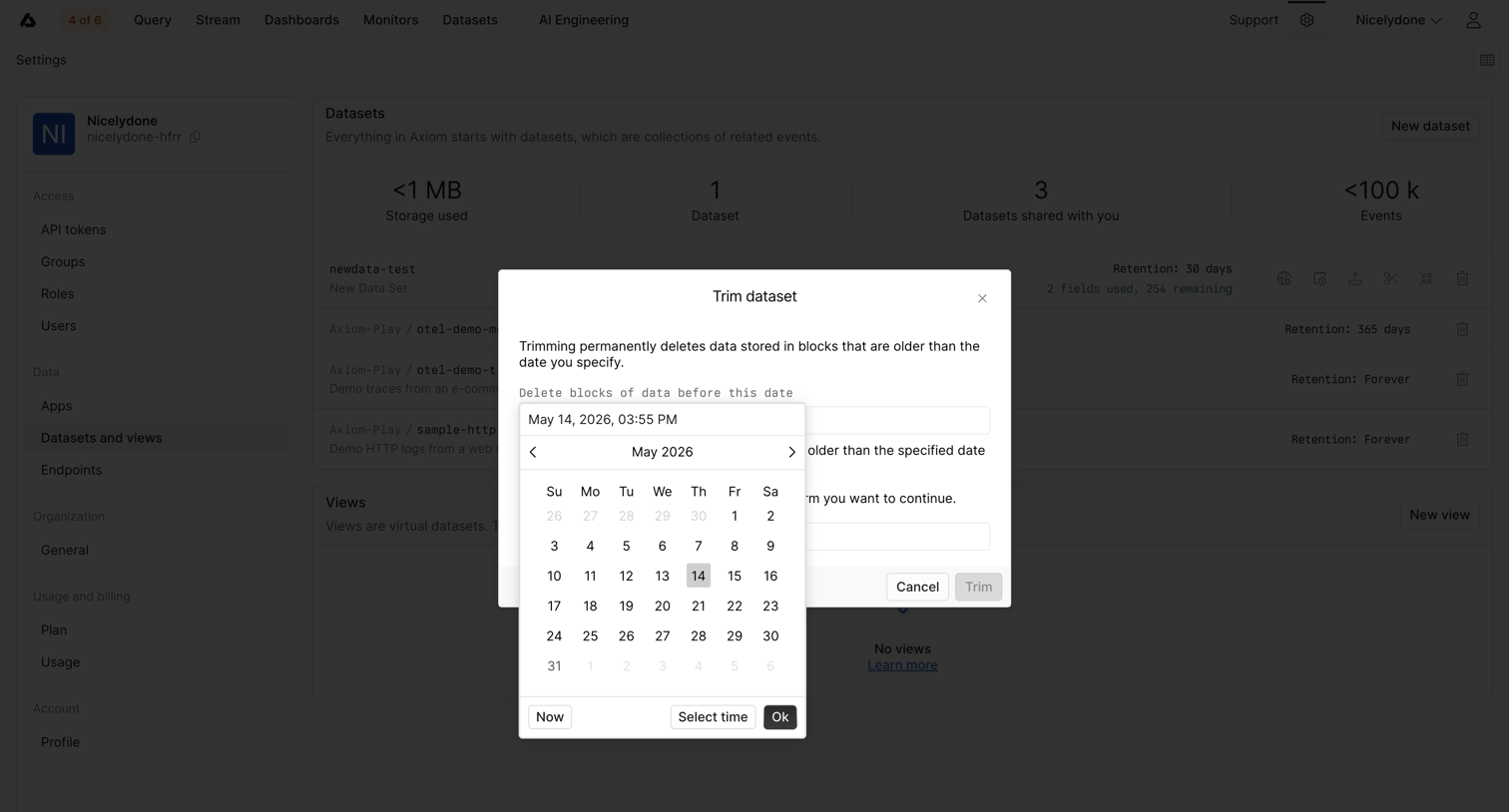 Axiom - Datasets and Views - Settings - Axiom screen