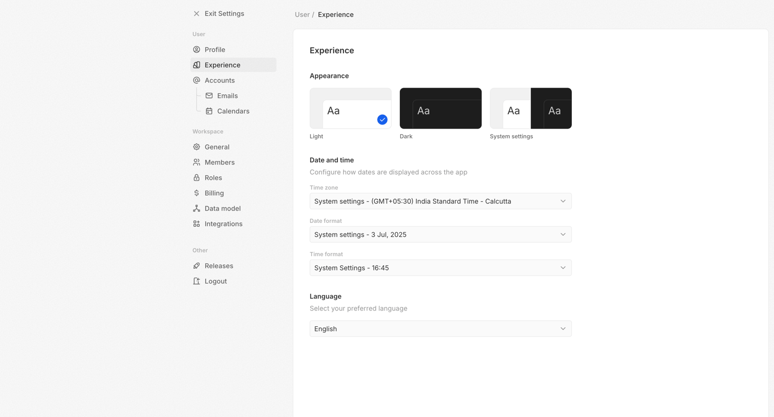 Twenty - Experience - Settings screen