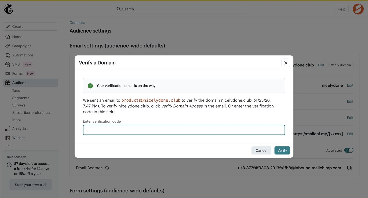 Mailchimp - Audience settings | Mailchimp screen