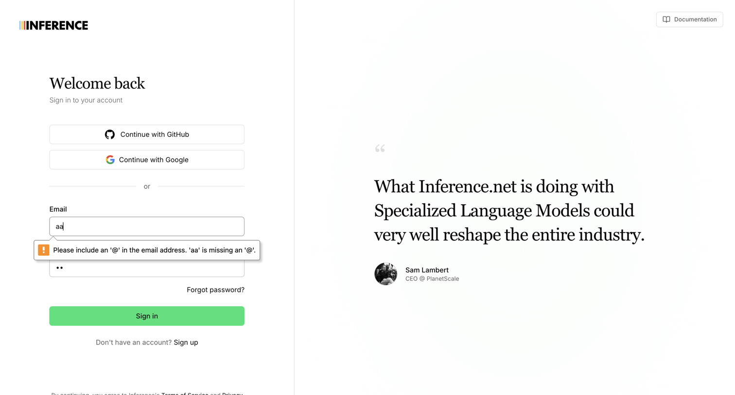 Inference - Sign In | Inference.net screen