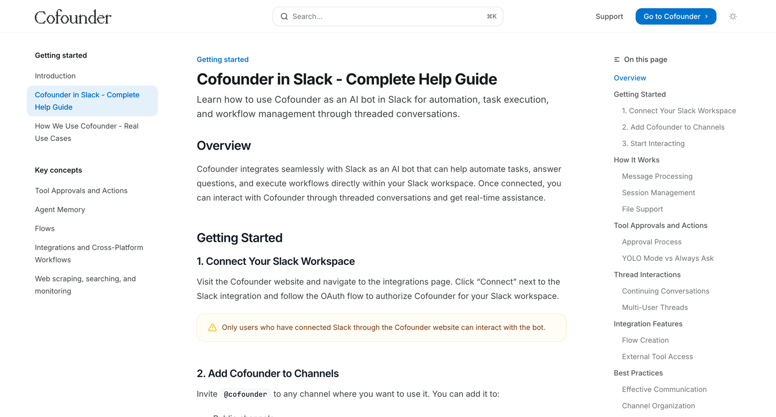 Cofounder - Cofounder in Slack - Complete Help Guide - Documentation screen