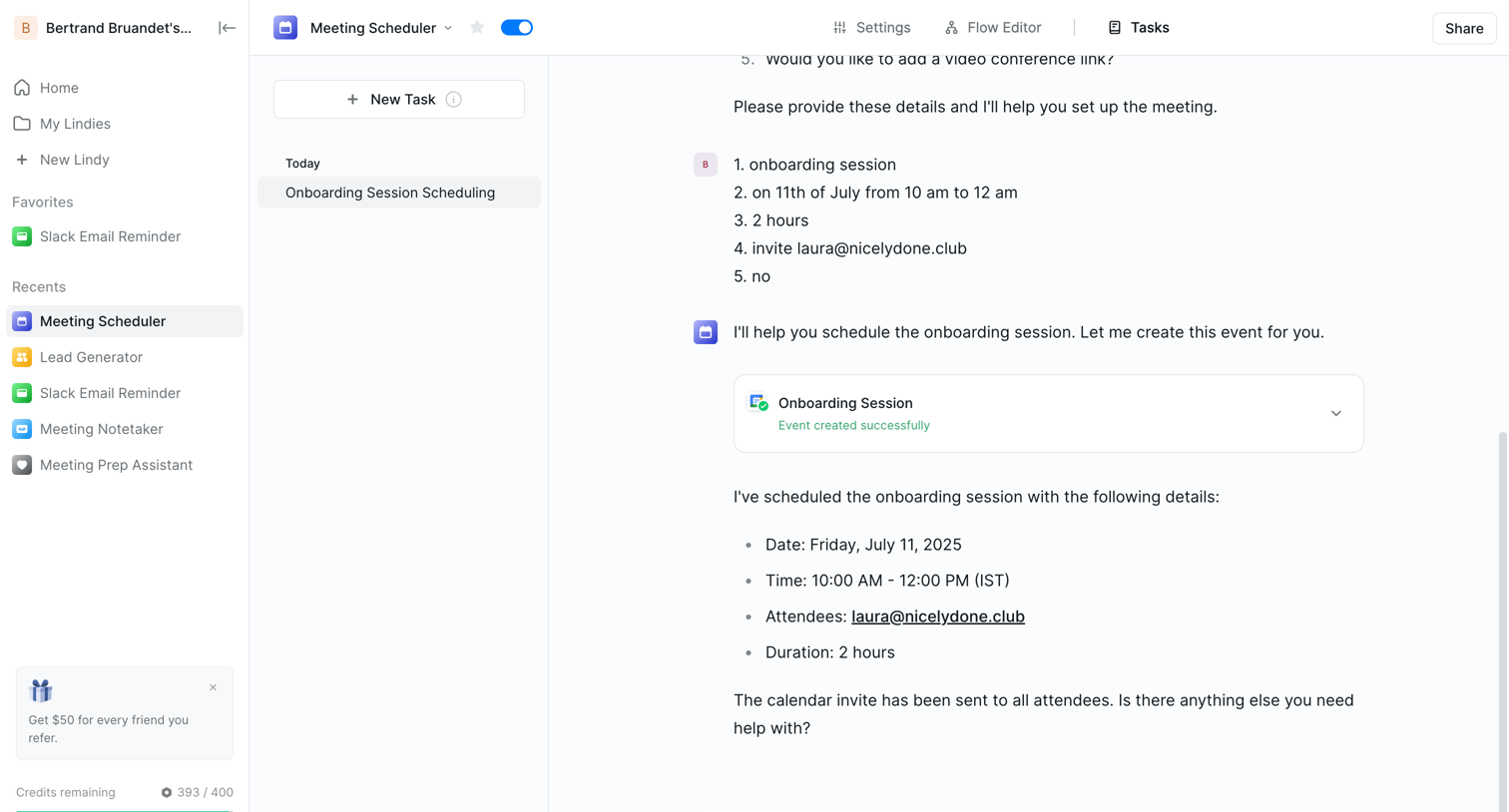 Lindy - Onboarding Session Scheduling - Lindy screen