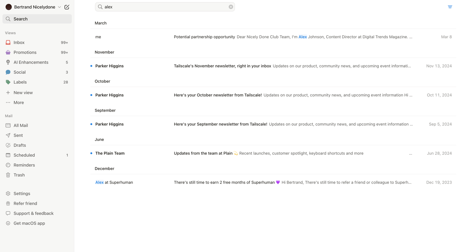 Notion Mail - Search • nicelydoneproducts@gmail.com • Notion Mail screen