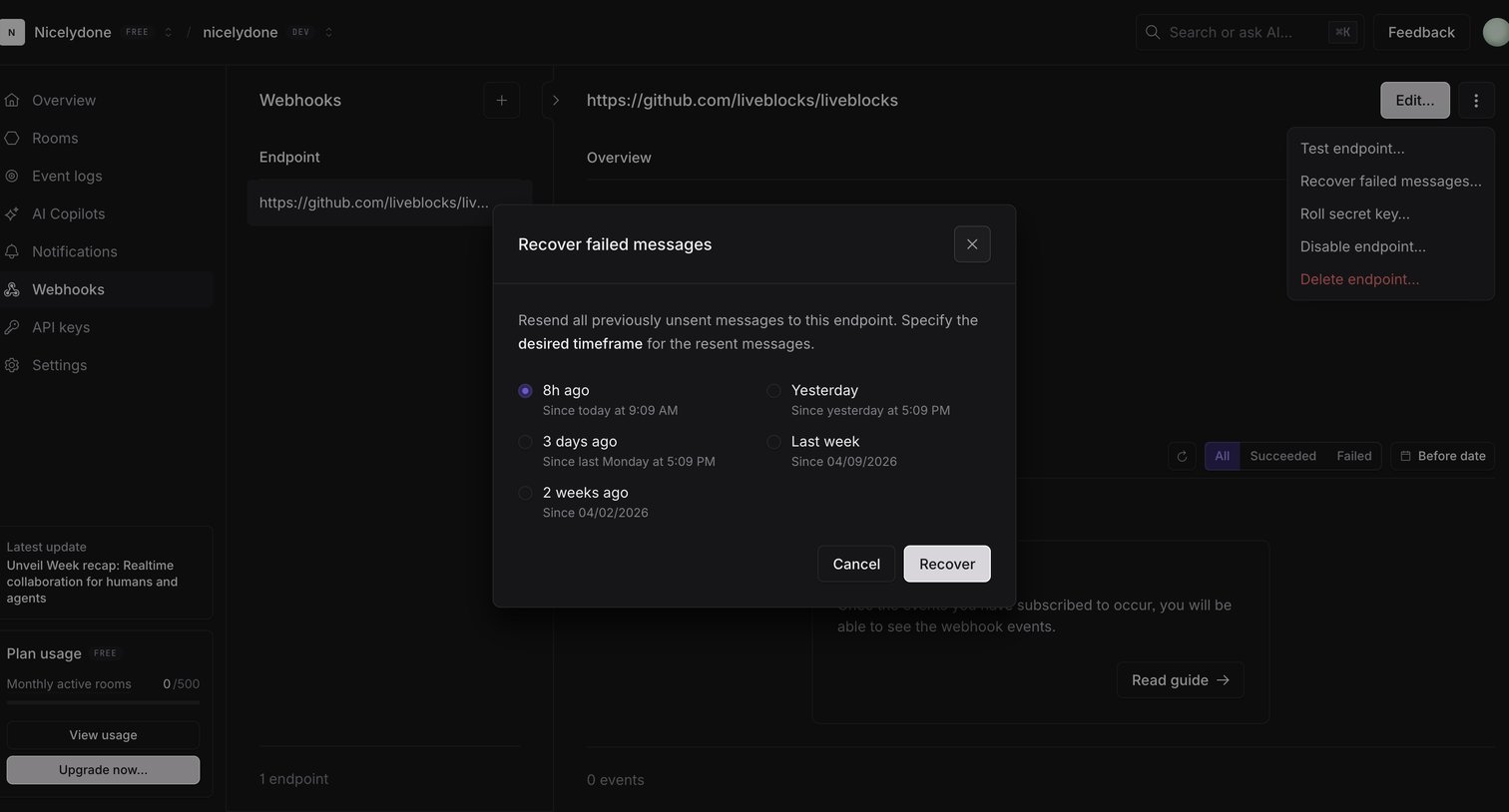 Liveblocks - nicelydone (Development) | nicelydone (Development) | Webhooks screen