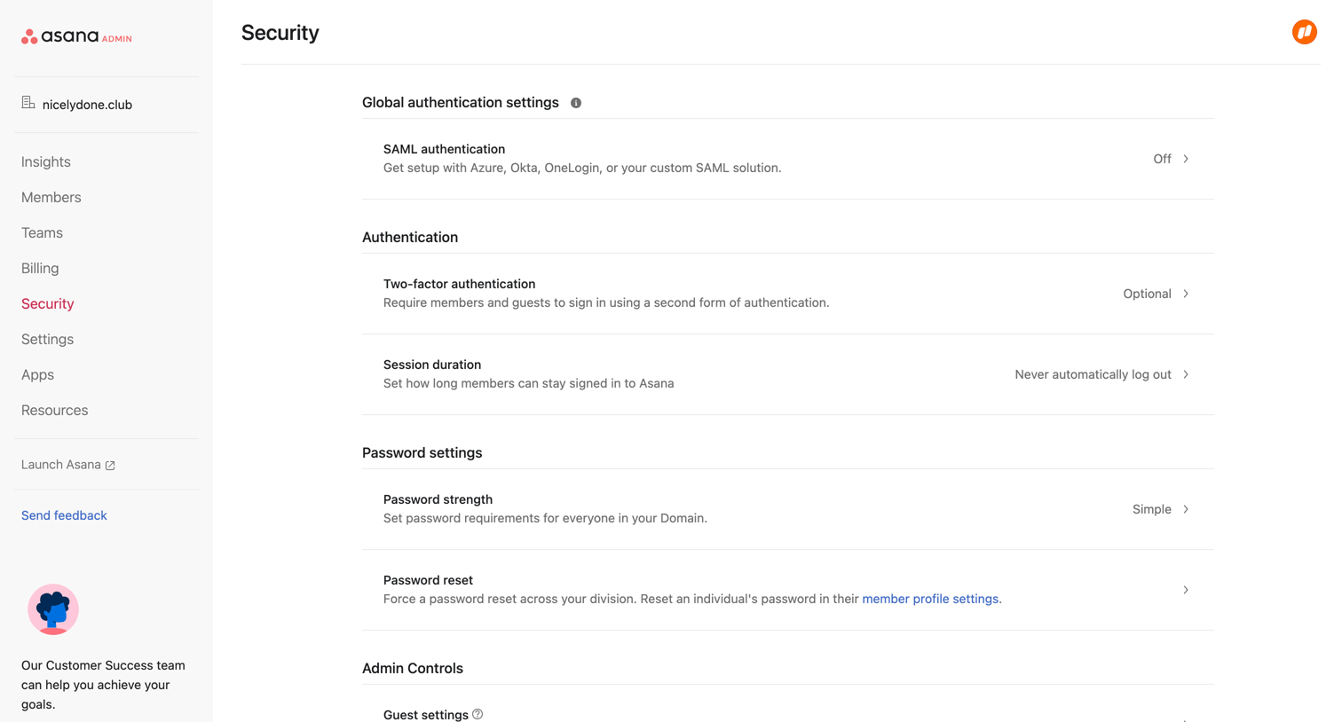 Asana - Admin console screen