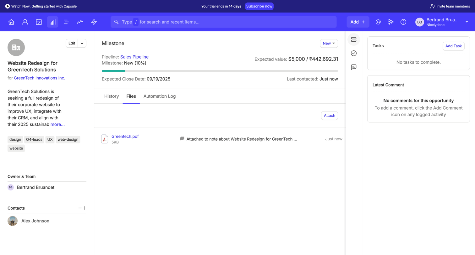 Capsule - Website Redesign for GreenTech Solutions | Nicelydone CRM screen