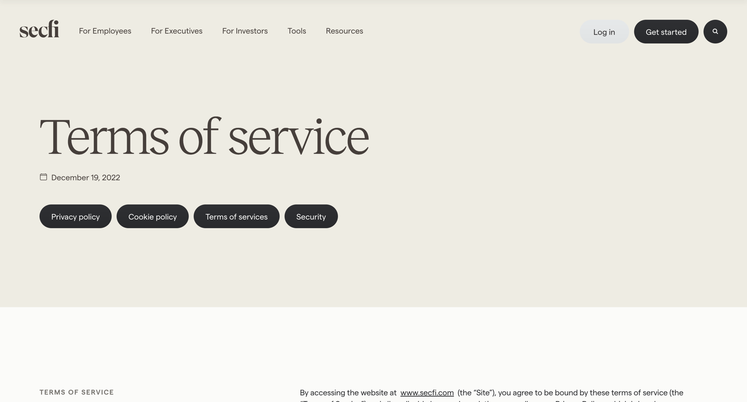 Secfi - Terms of service — Secfi screen