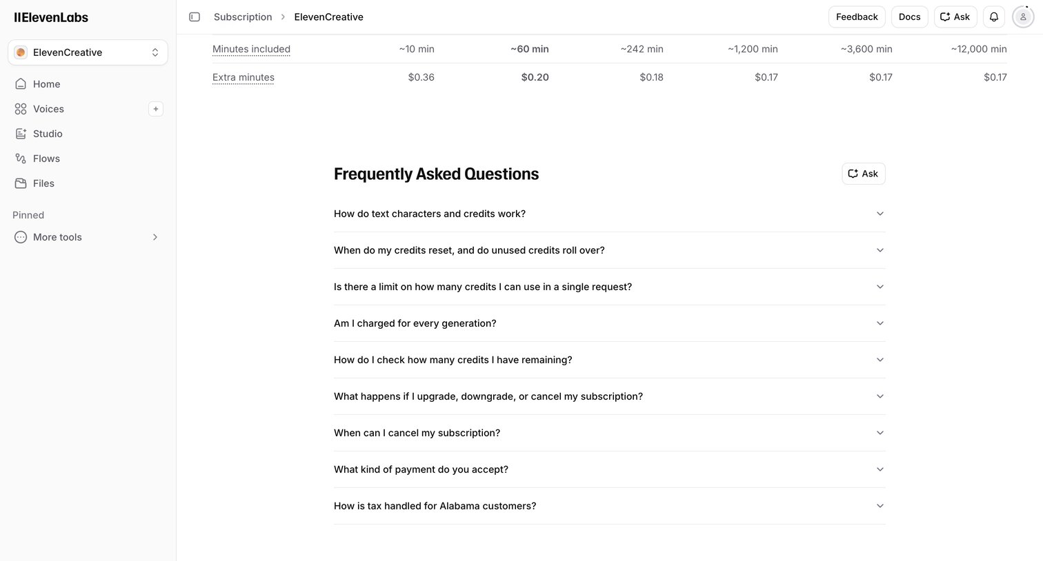 Elevenlabs - Subscription | ElevenLabs screen