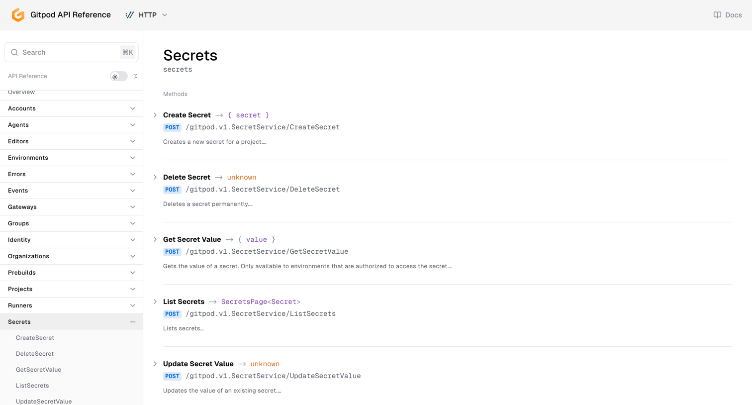 Ona - Gitpod API Reference Secrets screen