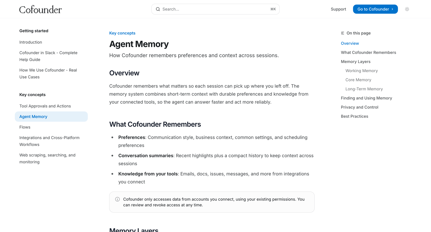 Cofounder - Agent Memory - Documentation screen