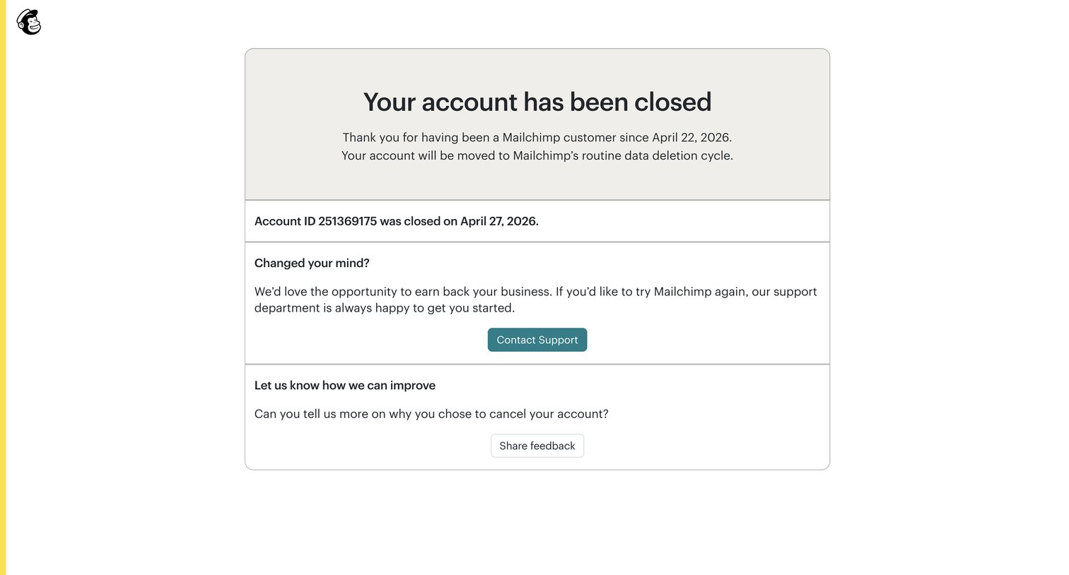 Mailchimp - Close Account Confirmation screen