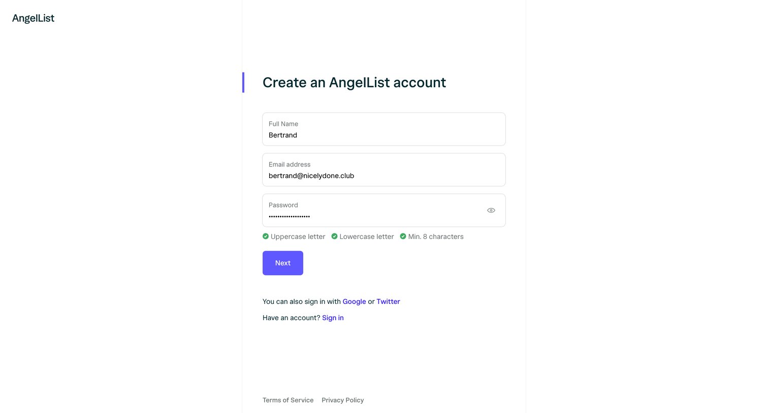 Angellist - Sign Up | AngelList screen
