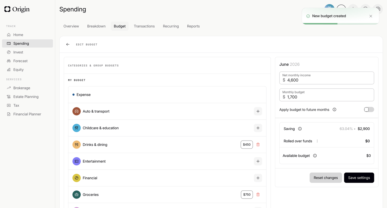 Origin Financial screen