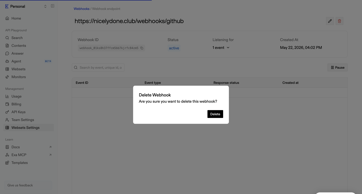 Exa - Webset Webhook Details screen