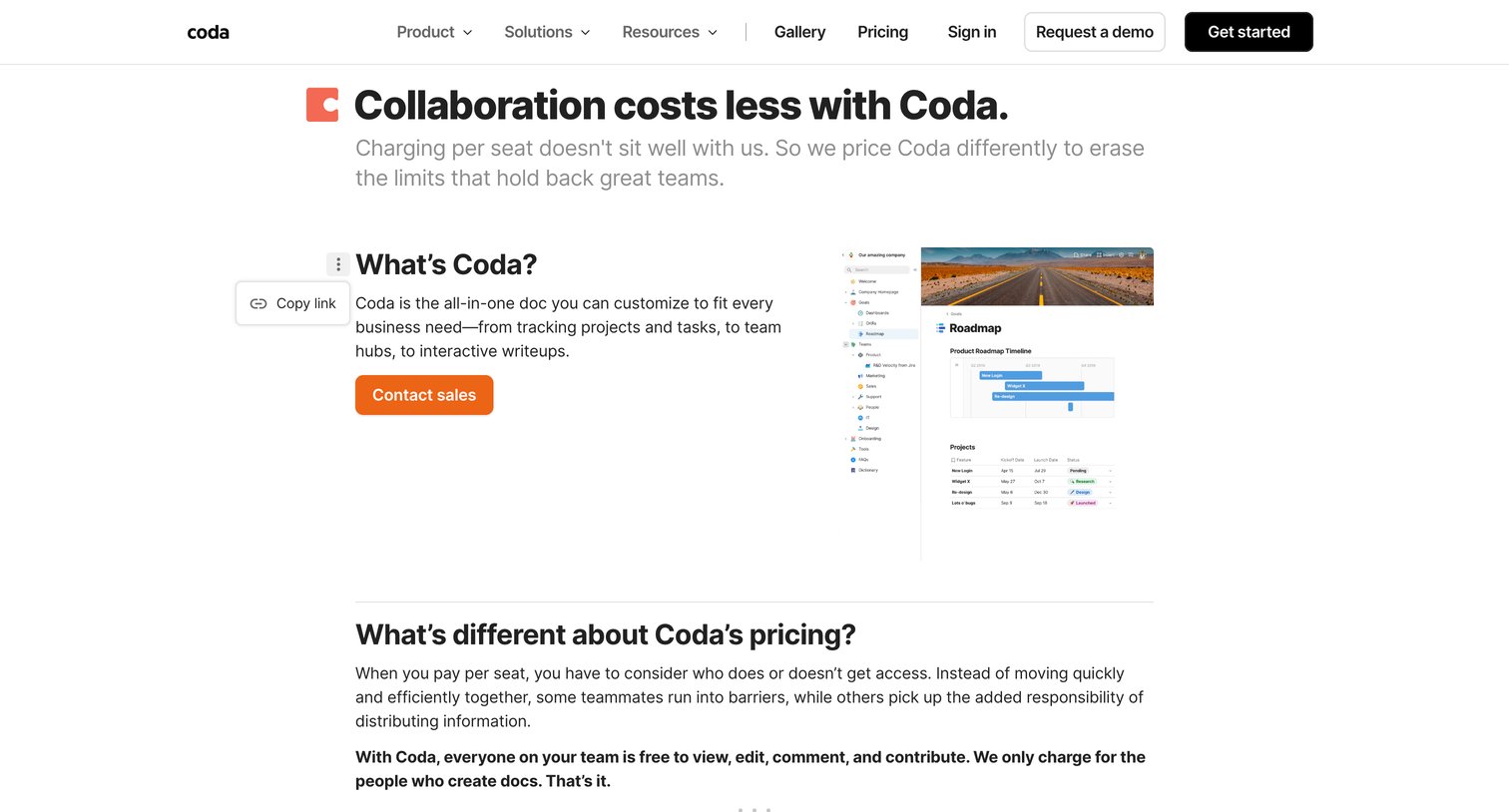 Coda - Collaboration costs less with Coda, we price differently - Coda screen