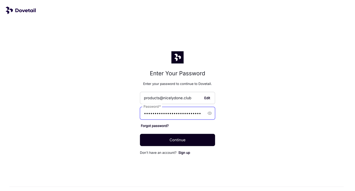 Dovetail - Log in – Dovetail screen