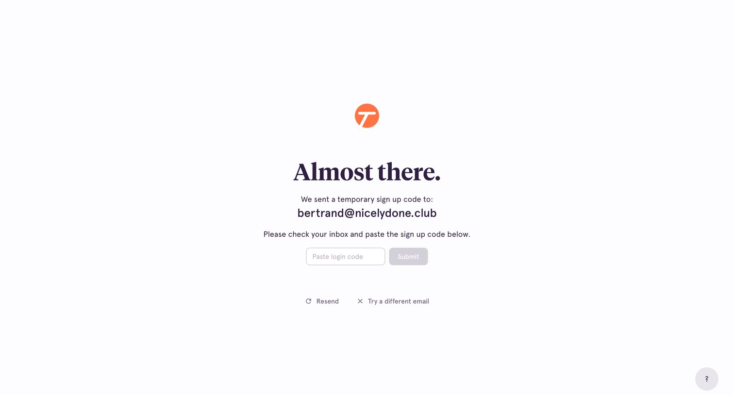 Tango - Confirm Sign Up screen