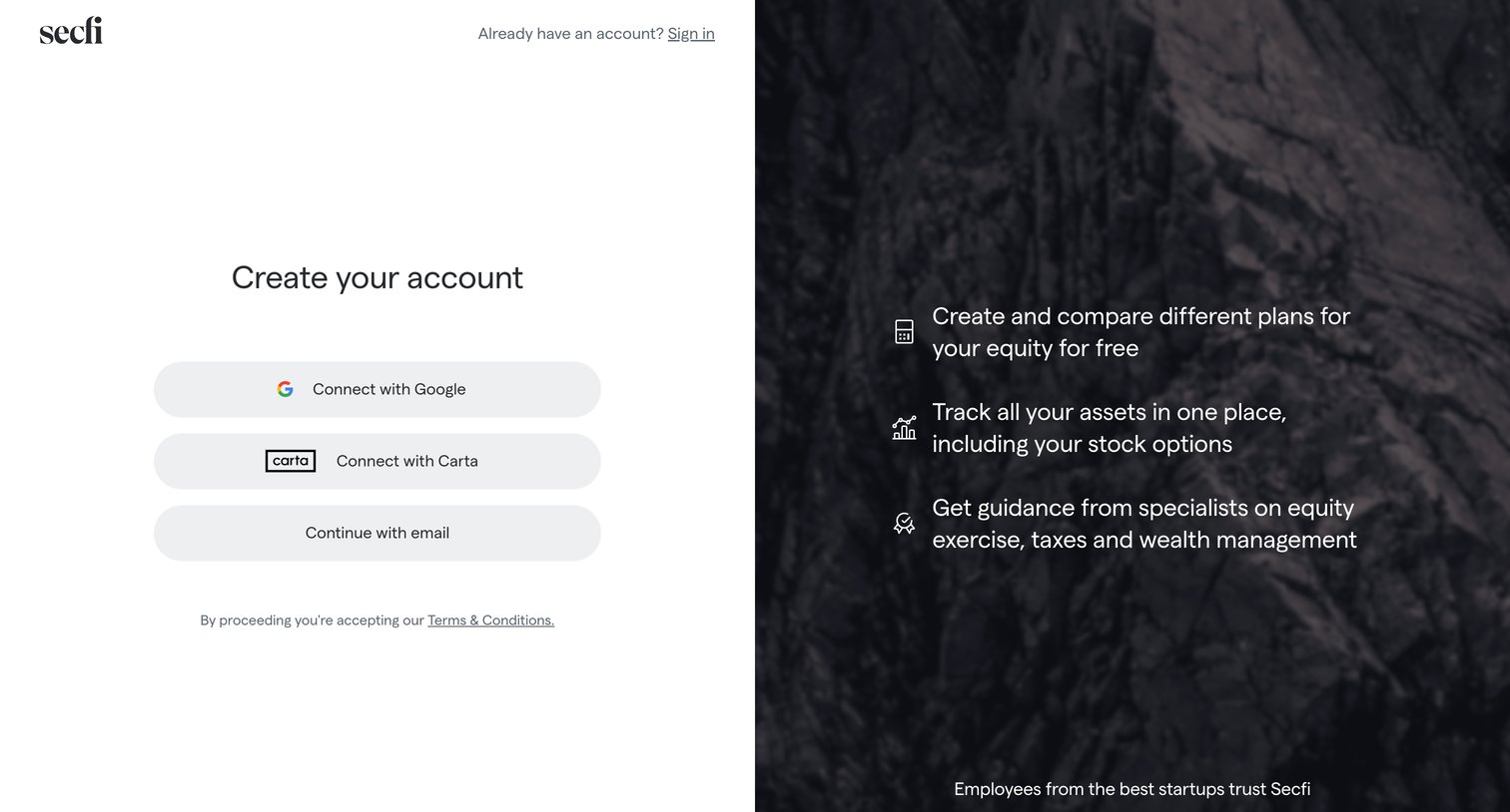 Secfi - Create your account | Secfi screen
