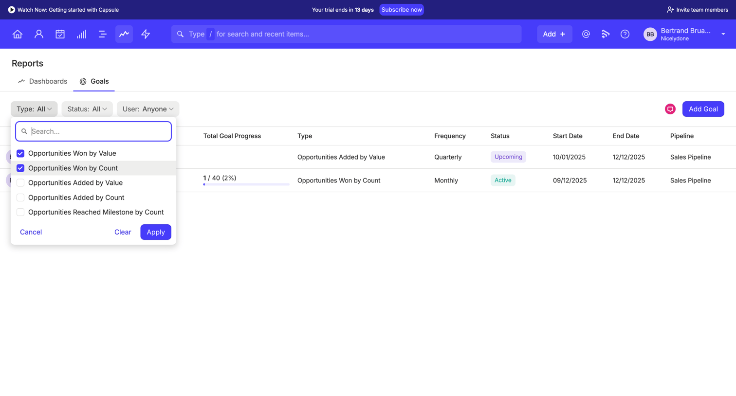 Capsule - Goals | Nicelydone CRM screen