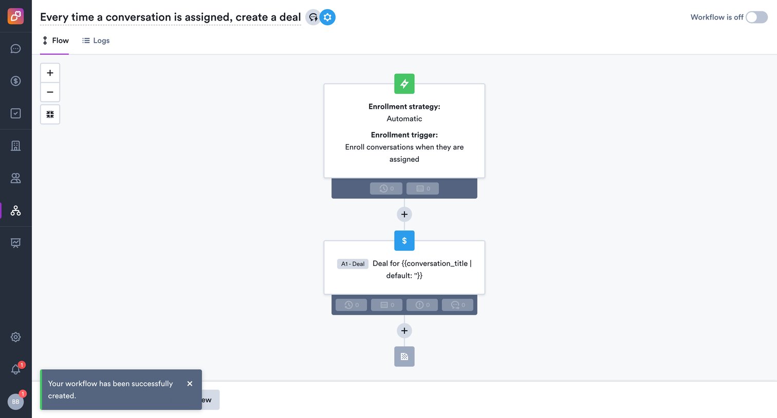 Overloop - Every time a conversation is assigned, create a deal • Workflows screen