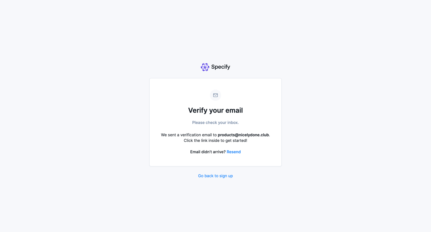 Specify - Specify · Mail Confirmation screen