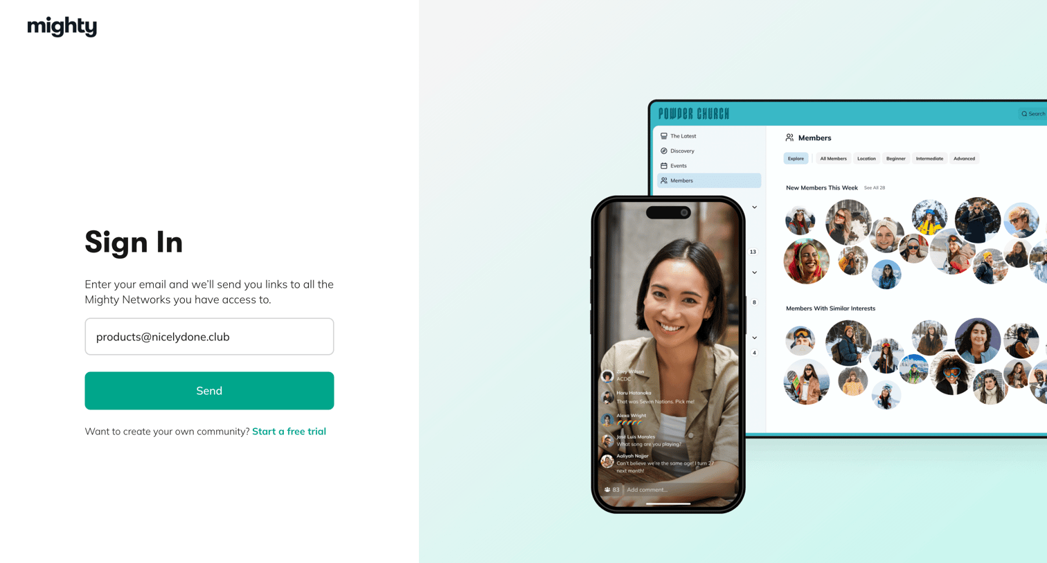 Mighty - Mighty Networks: Sign in to your Mighty Network screen